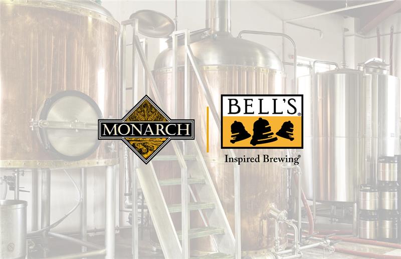 Monarch Logo alongside Bell's Brewery Logo in front of white-opacity image of brewery