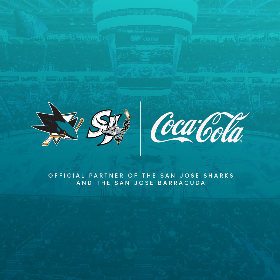 San Jose Sharks logo, San Jose Barracuda logo and Coca-Cola logo in front of blue-opacity image of hockey game