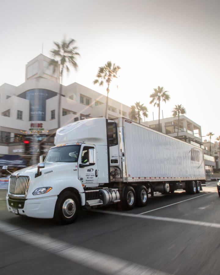 Martin Brower truck drives down street in Huntington Beach, California