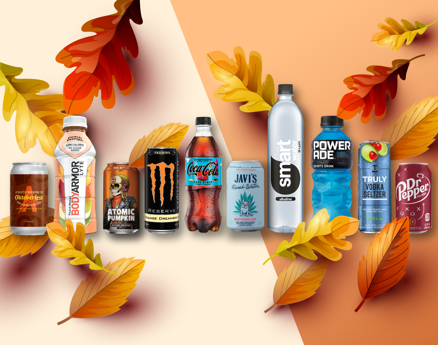 a selection of fall beverages sit on an orange background with fall leaves